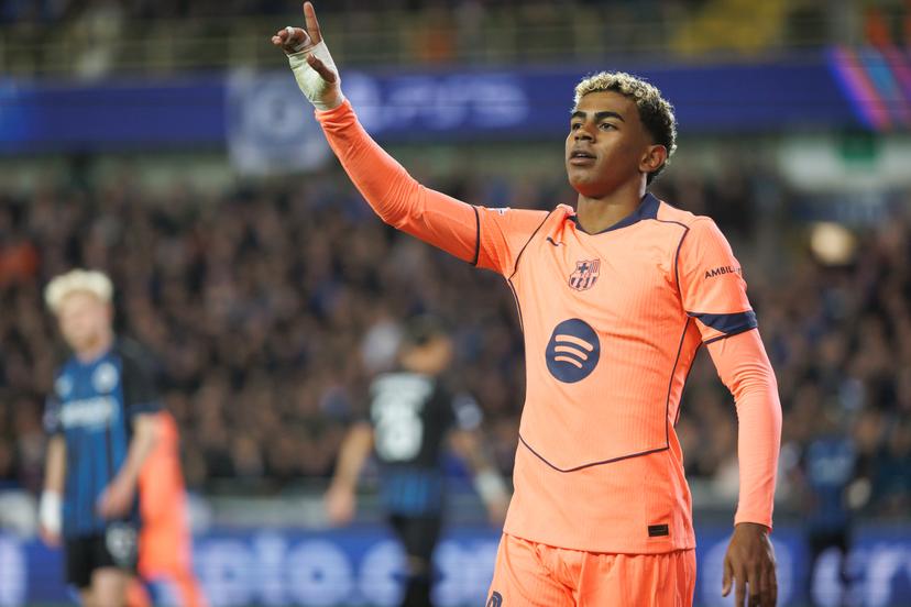 Barcelona's Lamine Yamal celebrates after scoring during a game between Belgian Club Brugge KV and Spanish FC Barcelona, on Wednesday 05 November 2025 in Brugge, on day four of the League phase of the UEFA Champions League tournament. BELGA PHOTO KURT DESPLENTER