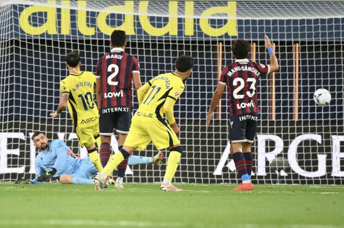 Villarreal's Spanish midfielder #10 Alberto Moleiro (2L) scores his team's second goal during the Spanish league football match between Villarreal CF and Levante UD at La Ceramica Stadium in Vila-real on September 20, 2026.  JOSE JORDAN / AFP