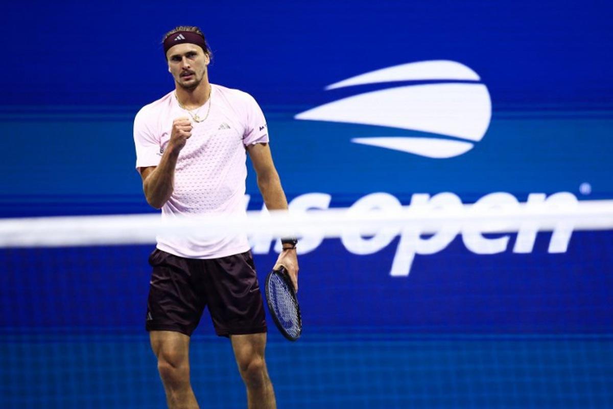 Germany's Alexander Zverev returns the ball to Netherlands' Botic van de Zandschulp during the men's singles quarter-final tennis match on day eleven of the US Open tennis tournament at the USTA Billie Jean King National Tennis Center in New York City on September 9, 2026.  CHARLY TRIBALLEAU / AFP