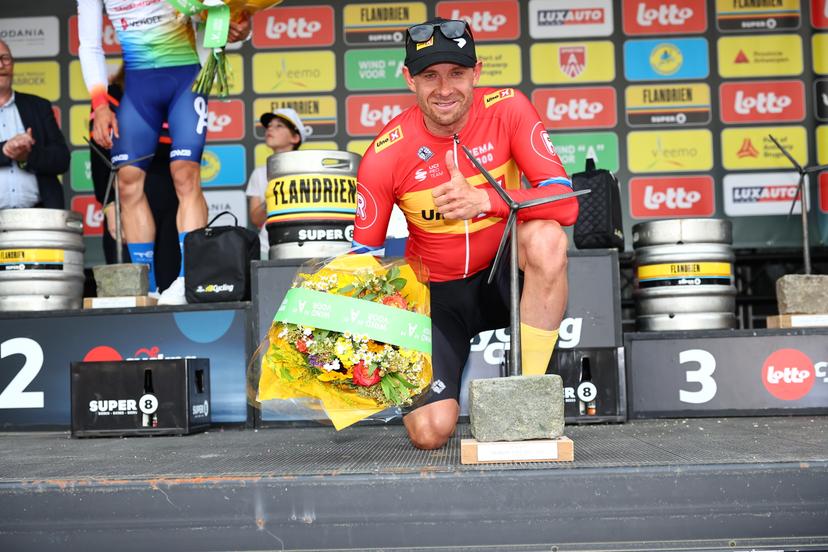 Norwegian Alexander Kristoff of Uno-X Mobility celebrates on the podium after winning the 'Antwerp Port Epic' 'Schaal Sels' men's elite one day cycling race, 177,9 km in and around Antwerp, fifth race (5/10) in the Lotto Cycling Cup, Sunday 19 May 2024.  BELGA PHOTO DAVID PINTENS