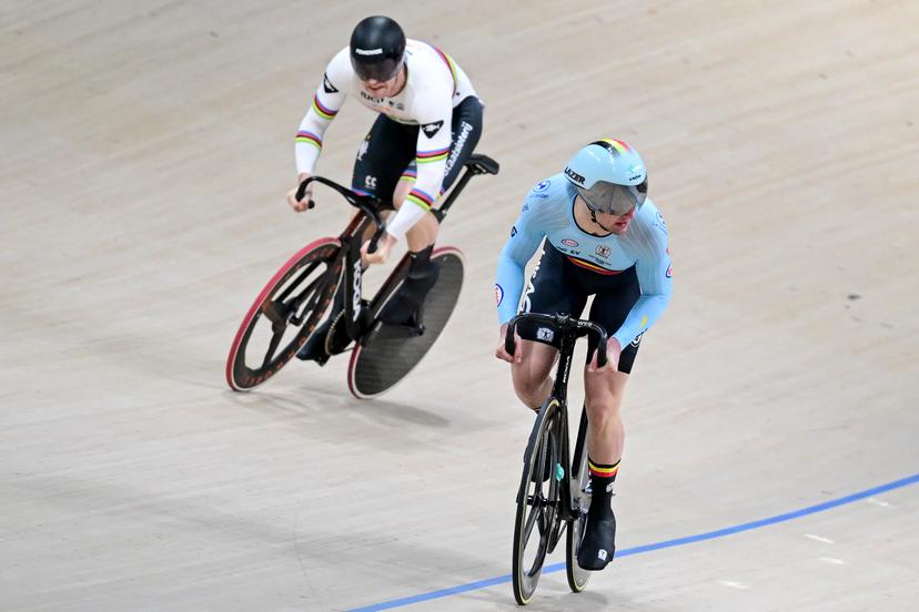 Dutch Harrie Lavreysen and Belgian Lowie Nulens pictured in action during the men's Sprint 1/8 finals at day 3 of the 2026 UEC Track Elite European Championships, in Konya, Turkey, Tuesday 03 February 2026. The European Championships take place from 01 to 05 February 2026. BELGA PHOTO DIRK WAEM