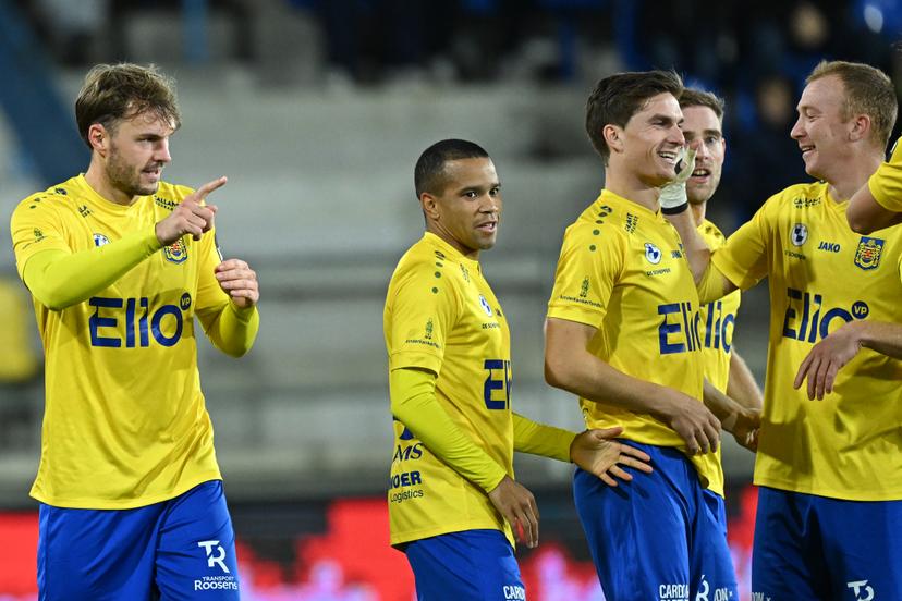 Beveren's players celebrates after scoring during a soccer game between SK Beveren and Club NXT, Saturday 01 November 2025 in Beveren, on day 12 of the 2025-2026 'Challenger Pro League' 1B second division of the Belgian championship. BELGA PHOTO DAVID PINTENS