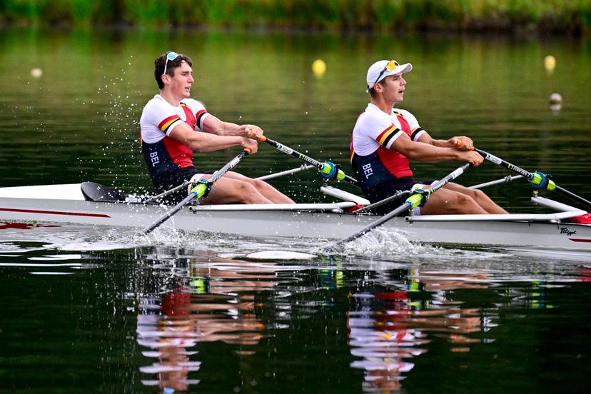 Belgian athlete Aaron Andries and Belgian athlete Tristan Vandenbussche pictured during a training session ahead of a press conference organized by the 'Vlaamse Roeiliga' Flemish rowing federation, Tuesday 09 September 2025 in Willebroek, to present the athletes and new coaching staff that will take part to the World Championships in Shanghai (September 21-28). BELGA PHOTO DIRK WAEM