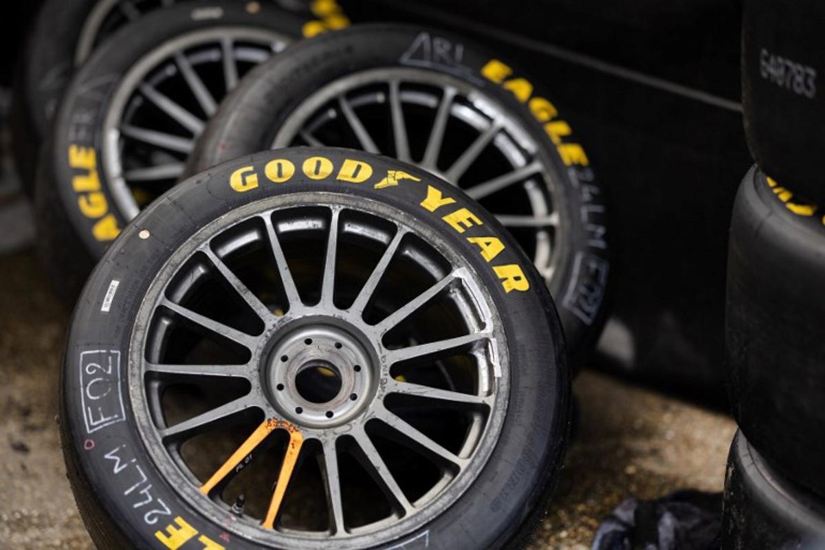A tyre is pictured at a paddock of Le Mans' racetrack on June 12, 2024 in Le Mans, western France, during the preparation of Le Mans' 24-hours endurance race.   FRED TANNEAU / AFP