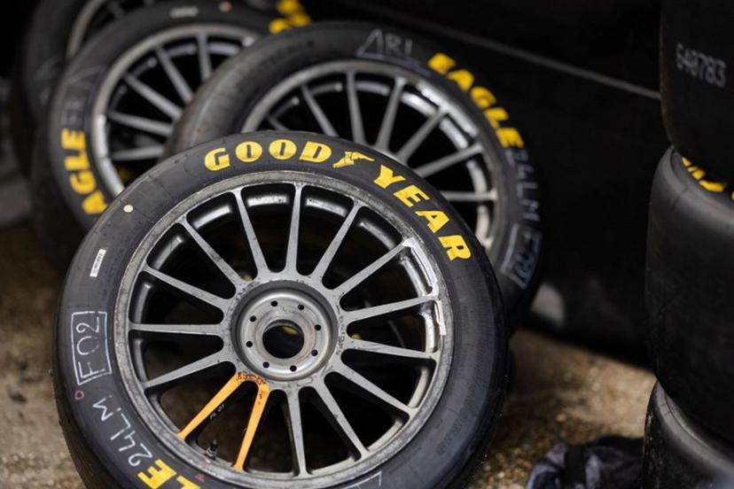 A tyre is pictured at a paddock of Le Mans' racetrack on June 12, 2024 in Le Mans, western France, during the preparation of Le Mans' 24-hours endurance race.   FRED TANNEAU / AFP