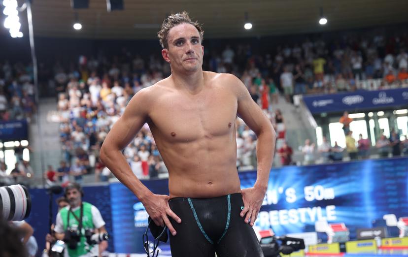 Belgian athlete Lucas Henveaux  looks dejected after the final of the Men's 400 m freestyle race on the last day of  the European Aquatics Championships in Paris, France on Sunday 16 August 2026. BELGA PHOTO VIRGINIE LEFOUR
