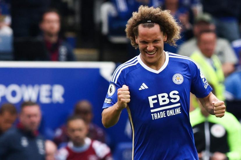 Leicester City's Belgian defender Wout Faes (R) celebrates after scoring his team second goal during the English Premier League football match between Leicester City and West Ham United at King Power Stadium in Leicester, central England on May 28, 2023.  DARREN STAPLES / AFP