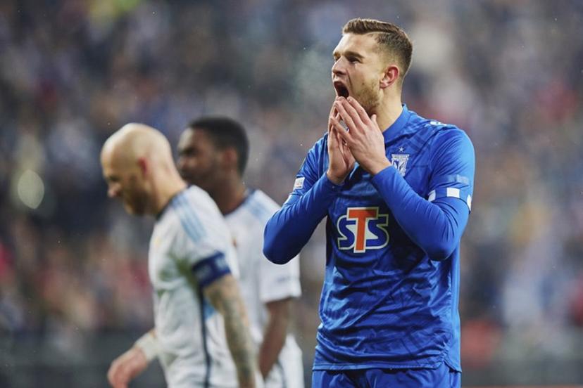 Lech Poznan's Polish forward Filip Szymczak reacts during the UEFA Europa Conference League Group Last 16 First Leg football match between Lech Poznan and Djurgardens IF in Poznan, on March 9, 2023.  RADOSLAW JOZWIAK / AFP