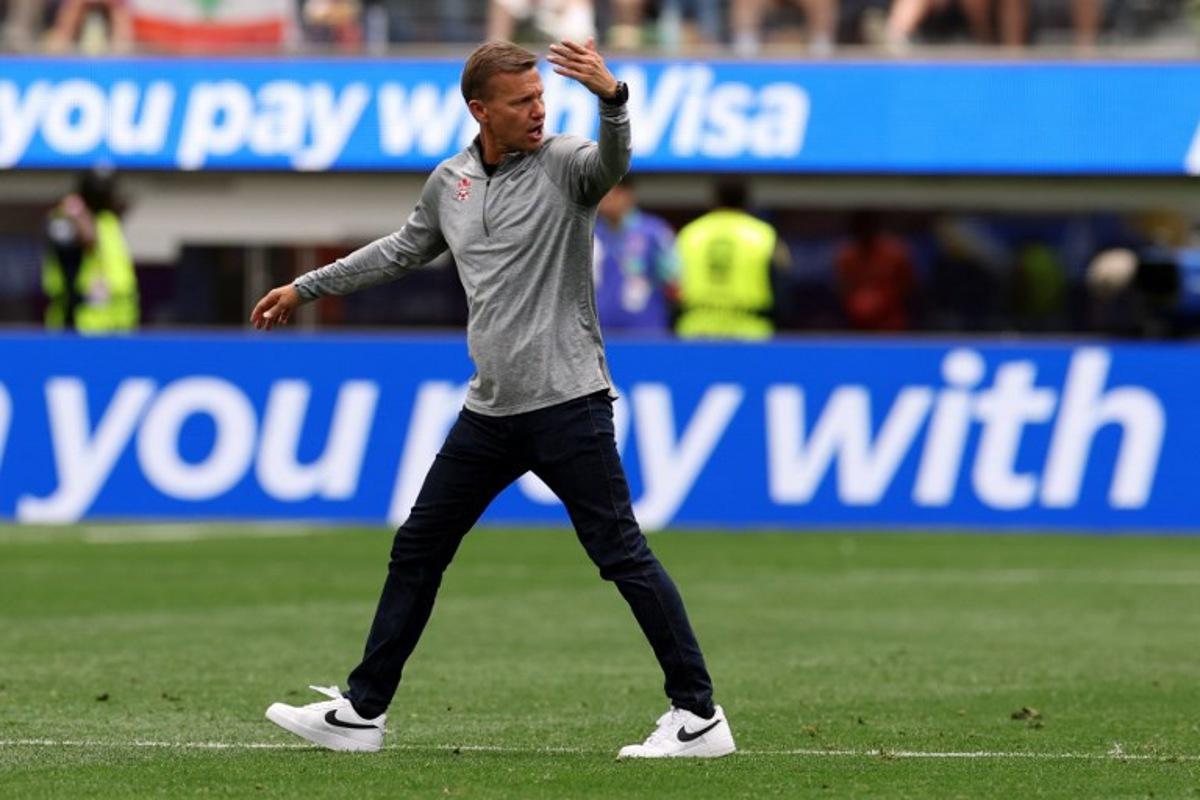 Canada's US head coach Jesse Marsch gestures at the halftime of the 2026 World Cup round of 32 football match between South Africa and Canada at the Los Angeles Stadium in Inglewood on June 28, 2026.   ETIENNE LAURENT / AFP
