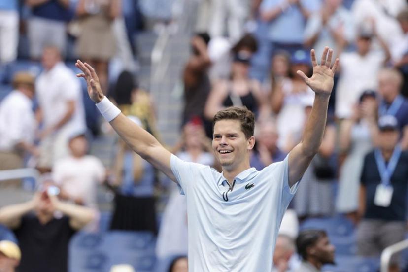 Belgium's Alexander Blockx celebrates defeating Argentina's Francisco Cerundolo in their men's singles round of 16 tennis match on day nine of the US Open tennis tournament at the USTA Billie Jean King National Tennis Center in New York on September 7, 2026.  KENA BETANCUR / AFP