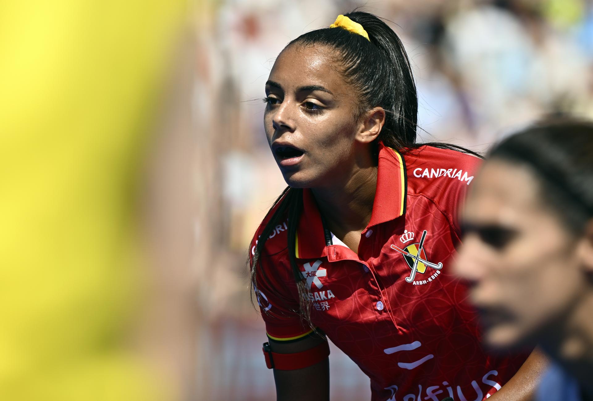 Belgium's Ambre Ballenghien pictured in action during a hockey game between Belgian national team Red Panthers and Spain, match 1/3 in the pool stage of the 2025 women's European championships, Sunday 10 August 2025 in Monchengladbach, Germany. BELGA PHOTO ERIC LALMAND