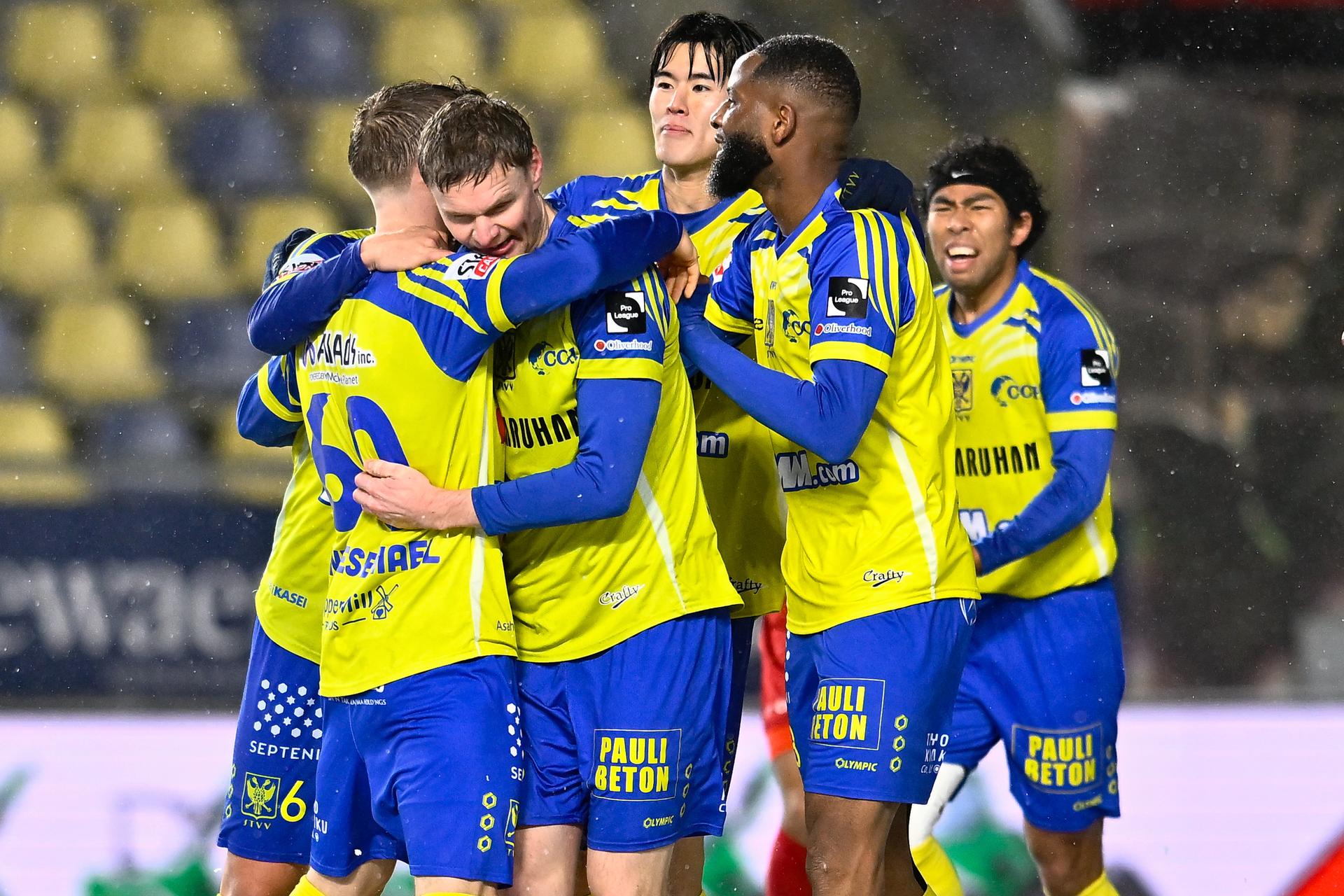 STVV's Robert-Jan Vanwesemael, STVV's Simen Juklerod, STVV's Keisuke Goto and STVV's Abdoulaye Sissako celebrate after scoring during a soccer match between Sint-Truidense V.V. and Zulte Waregem, Sunday 15 February 2026 in Sint-Truiden, on day 25 of the 2025-2026 'Jupiler Pro League' first division of the Belgian championship. BELGA PHOTO JOHAN EYCKENS