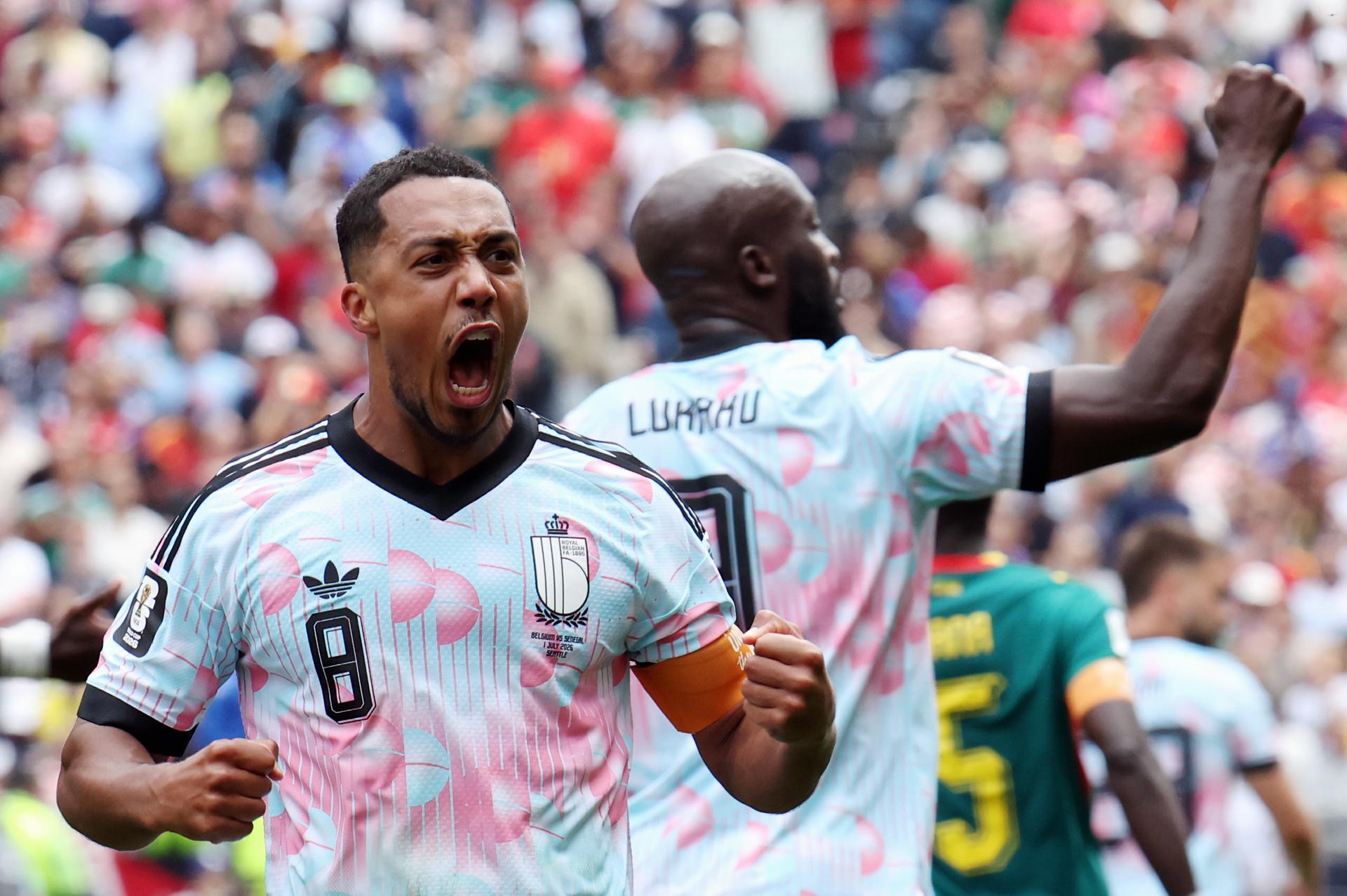 Belgium's Youri Tielemans and Belgium's Romelu Lukaku celebrate after scoring during a soccer game between Belgian national team Red Devils and Senegal, on Wednesday 01 July 2026, at the Seattle Field, in Seattle, a 1/16 finals game in the FIFA World Cup 2026. BELGA PHOTO BRUNO FAHY