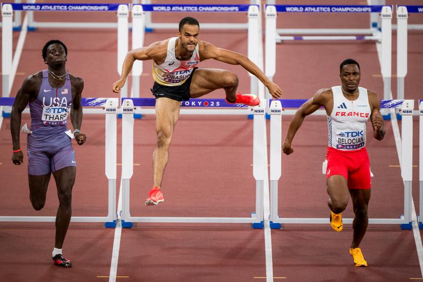 Belgian Michael Obasuyi pictured in action during the 110m Hurdles men, at the World Athletics Championships in Tokyo, Japan, on Monday 15 September 2025. The outdoor Worlds are taking place from 13 to 21 September. BELGA PHOTO JASPER JACOBS