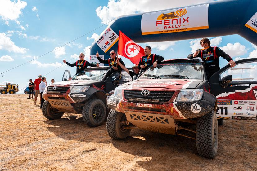ATTENTION EDITORS - HANDOUT PICTURES - EDITORIAL USE ONLY  MANDATORY CREDIT: 'ROBI MERTENS - FERYN DAKAR SPORT'  This handout picture, released by Eric dupain on Saturday 31 October 2026 shows Pascal Feryn, Kurt Keysers, Koen Wauters and Tom De Leeuw celebrating at the finish of the Fenix Rally in Monastir, Tunisia.    - Belga and Belga editorial board decline all responsability regarding the content of this picture. PHOTO HANDOUT Hyundai Motorsport