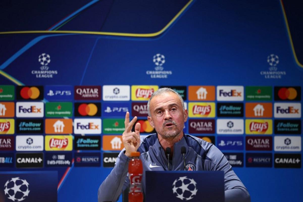 Paris Saint-Germain's Spanish headcoach Luis Enrique speaks during a press conference at the Campus Paris Saint-Germain in Poissy, in the western outskirts of Paris, on November 3, 2025, on the eve of the UEFA Champions League first round day 4 football match between Paris Saint-Germain and FC Bayern Munich.  FRANCK FIFE / AFP