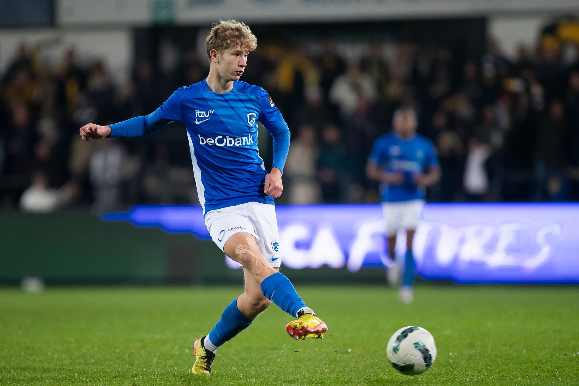 Genk's Michiel Cauwel pictured during a soccer match between KSC Lokeren-Temse and Jong Genk (Genk U21), Sunday 03 November 2024 in Lokeren, on day 10 of the 2024-2025 'Challenger Pro League' 1B second division of the Belgian championship. BELGA PHOTO KRISTOF VAN ACCOM