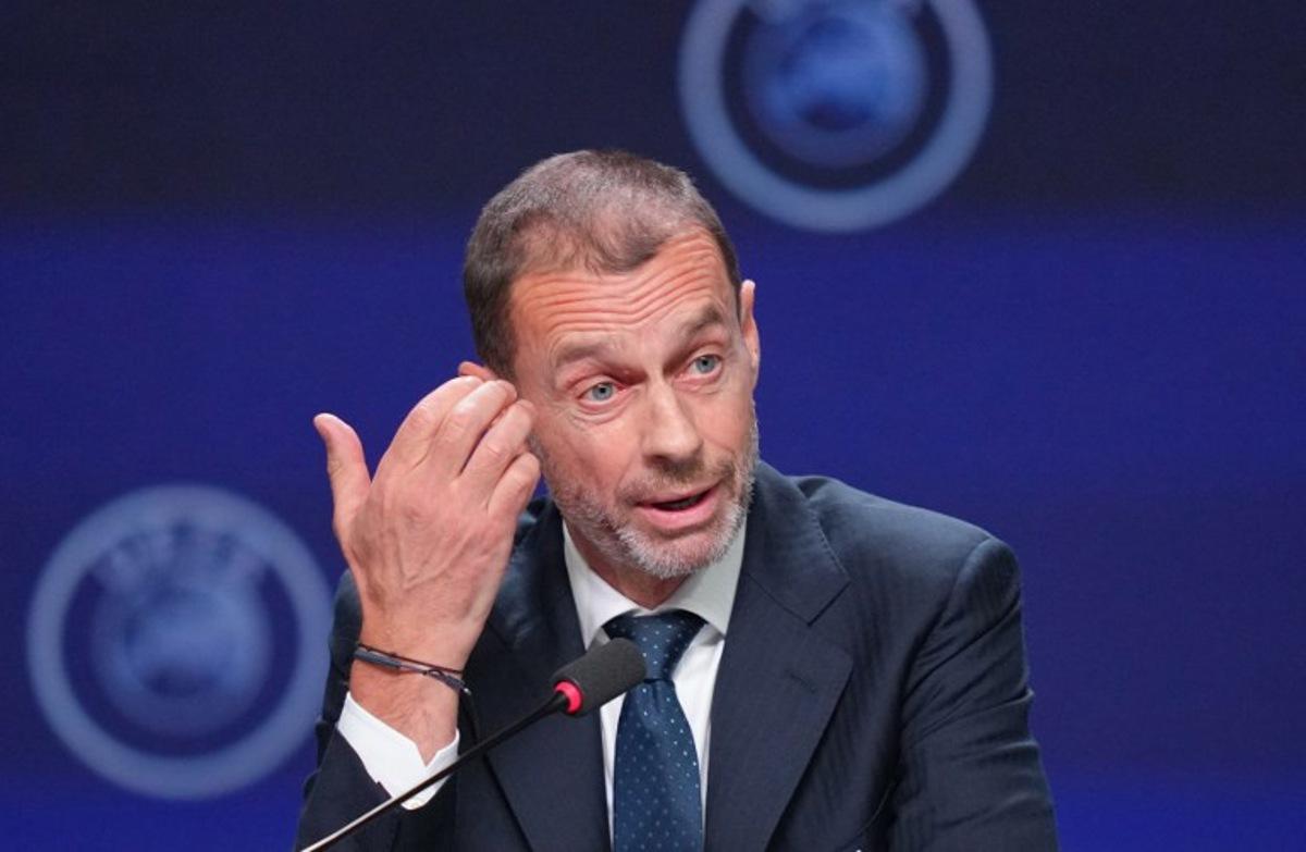 UEFA president Aleksander Ceferin gestures as he addresses a press conference at the 50th UEFA Ordinary Congress in Brussels on February 12, 2026.   Pau BARRENA / AFP