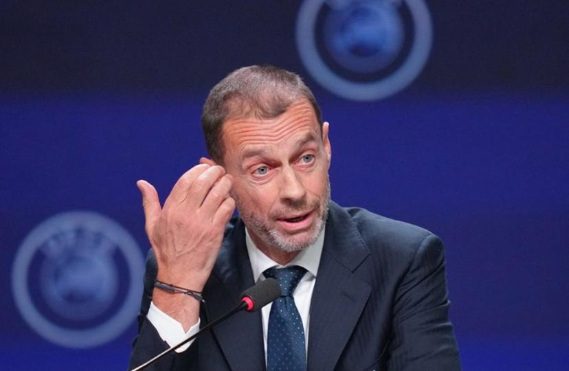 UEFA president Aleksander Ceferin gestures as he addresses a press conference at the 50th UEFA Ordinary Congress in Brussels on February 12, 2026.   Pau BARRENA / AFP