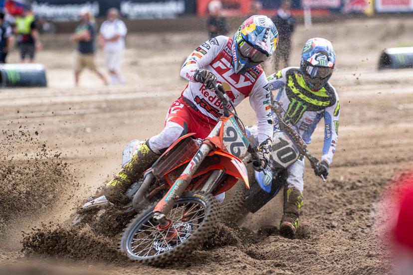 Belgium's Lucas Coenen and the Netherlands' Calvin Vlaanderen pictured in action during the motocross MXGP Grand Prix Flanders, race 15/20 of the FIM Motocross World Championship, Sunday 03 August 2025 in Lommel. BELGA PHOTO JONAS ROOSENS