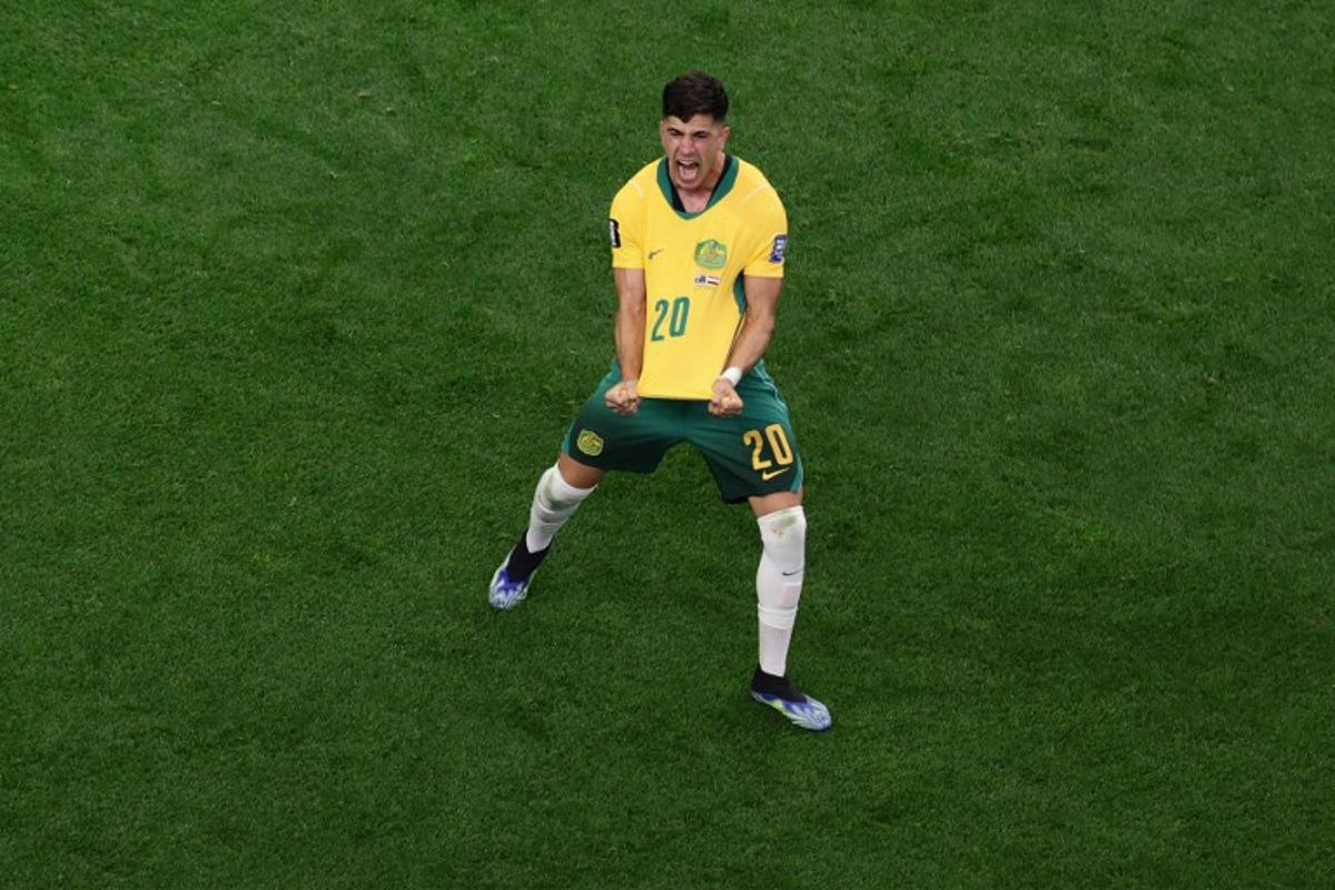 Australia's forward #20 Cristian Volpato celebrates after Egypt scored an own goal  during the 2026 World Cup round of 32 football match between Australia and Egypt at the Dallas Stadium in Arlington on July 3, 2026.   Aric Becker / AFP