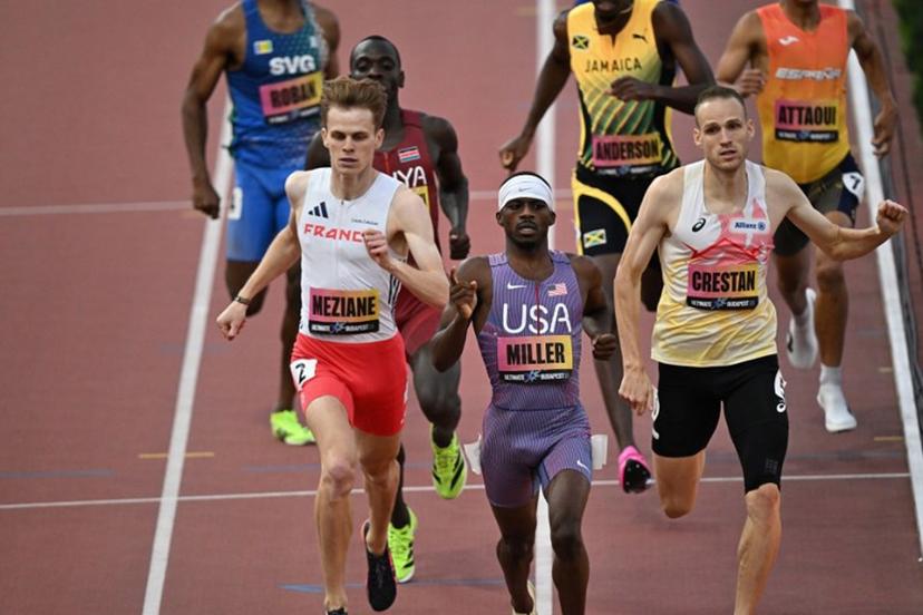 US' Brandon Miller (C) wins ahead of Belgium's Eliott Crestan (R) and France's Yanis Meziane (L) in the men's 800m semi-final during the World Athletics Ultimate Championship at the Gyula Zsivotzky National Athletics Centre, in Budapest on September 12, 2026.  Attila KISBENEDEK / AFP