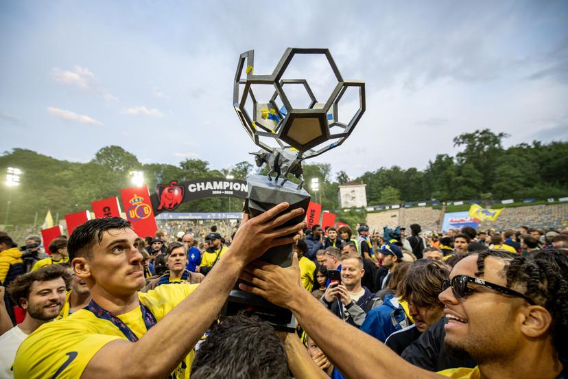 Union's players pictured during the celebration of Royale Union Saint-Gilloise supporters and players, Sunday 25 May 2025 in Brussels, after winning the 2024-2025 'Jupiler Pro League' first division of the Belgian championship. Union defeated KAA Gent 3-1. BELGA PHOTO DAVID PINTENS