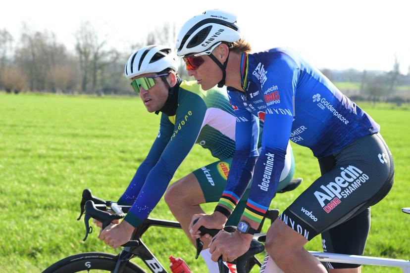 Belgian Greg Van Avermaet and Dutch Mathieu van der Poel of Alpecin-Premier Tech pictured during a track reconnaissance session ahead of this weekend's one-day cycling race Omloop Het Nieuwsblad, the opening race of the Flemish classic one day races season, Thursday 26 February 2026. BELGA PHOTO DAVID PINTENS