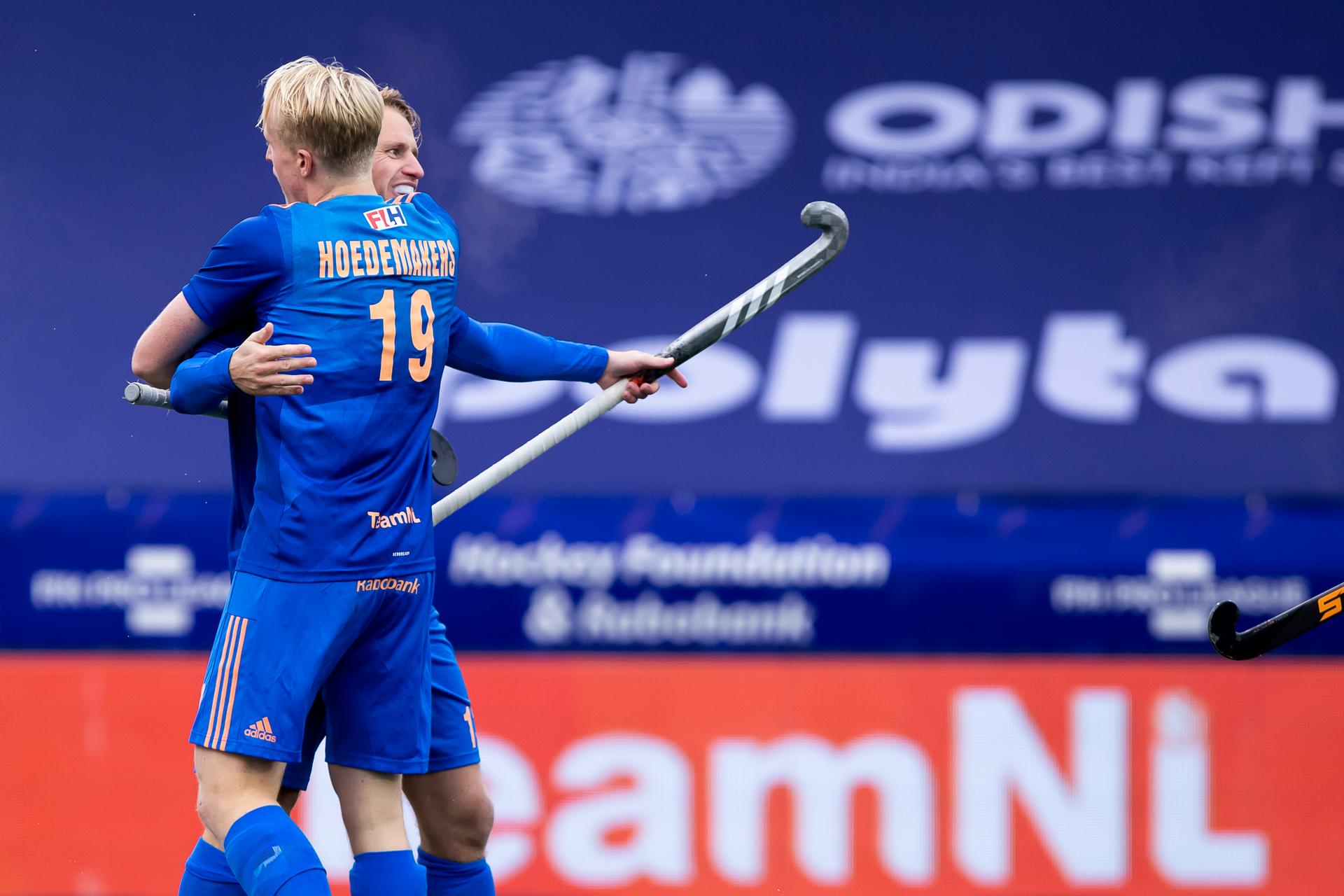 Dutch Dennis Warmerdam and Dutch Tjep Hoedemakers celebrate after scoring during a hockey game between the Netherlands national team and the Belgian Red Lions, Sunday 28 November 2021 in Amstelveen, Netherlands, in the group stage (game 4 out of 16) of the men's FIH Pro League competition. BELGA PHOTO KRISTOF VAN ACCOM