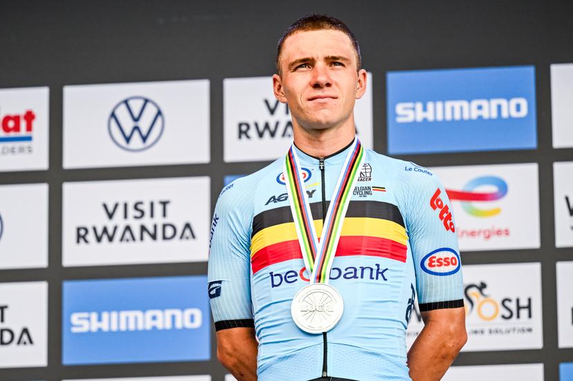 Belgian Remco Evenepoel pictured on the podium after the elite men road race (267,5 km) at the cycling road World Championships in Kigali, Rwanda, Sunday 28 September 2025. The 2025 UCI Road World Championships take place from 21 to 28 September in Kigali, Rwanda. BELGA PHOTO DIRK WAEM