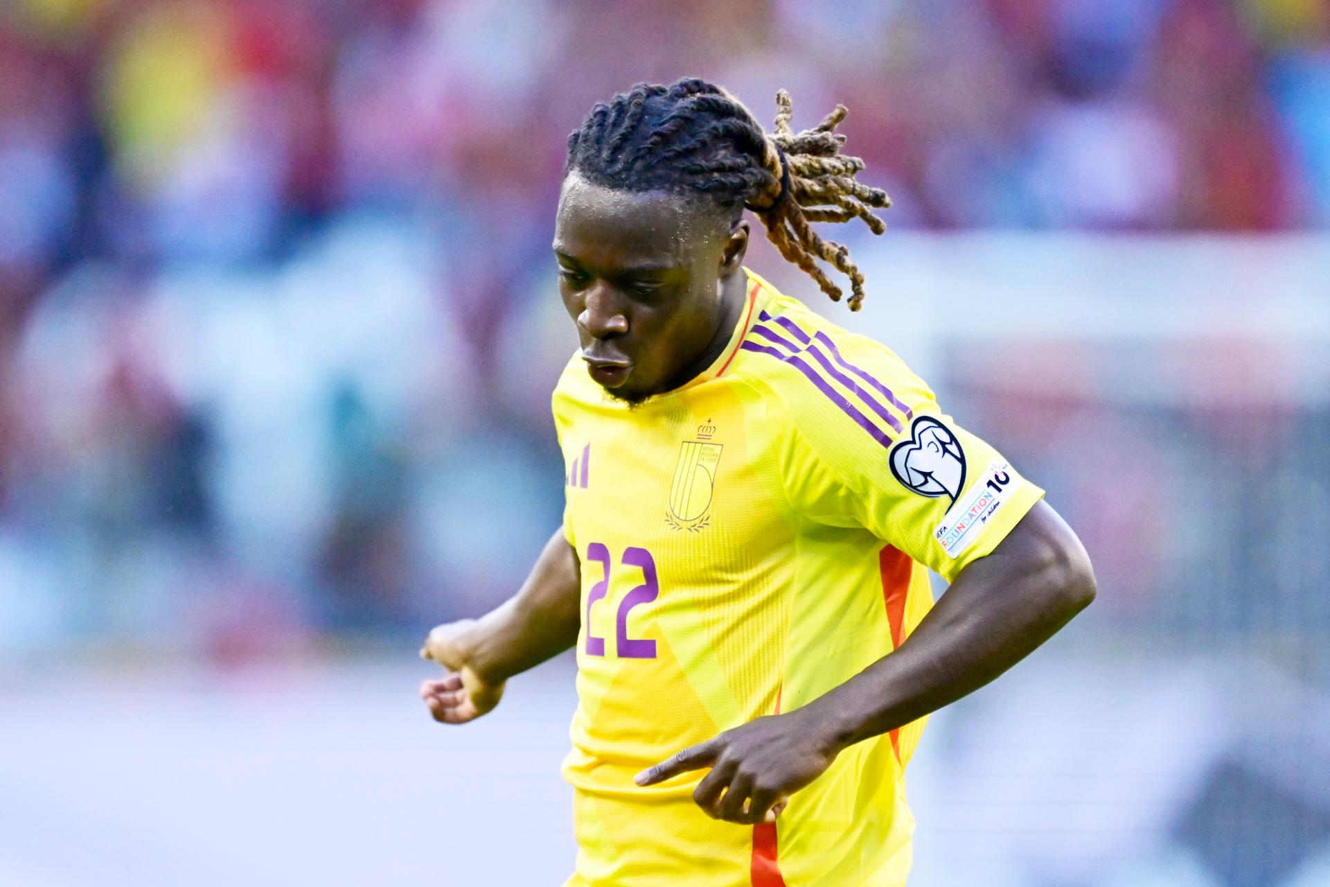 Belgium's Jeremy Doku celebrates after scoring the 3-0 goal during a soccer game between Belgian national team Red Devils and Wales, Monday 09 June 2025 in Bussels, the second (out of 8) qualification games for the World Cup 2026. BELGA PHOTO DIRK WAEM