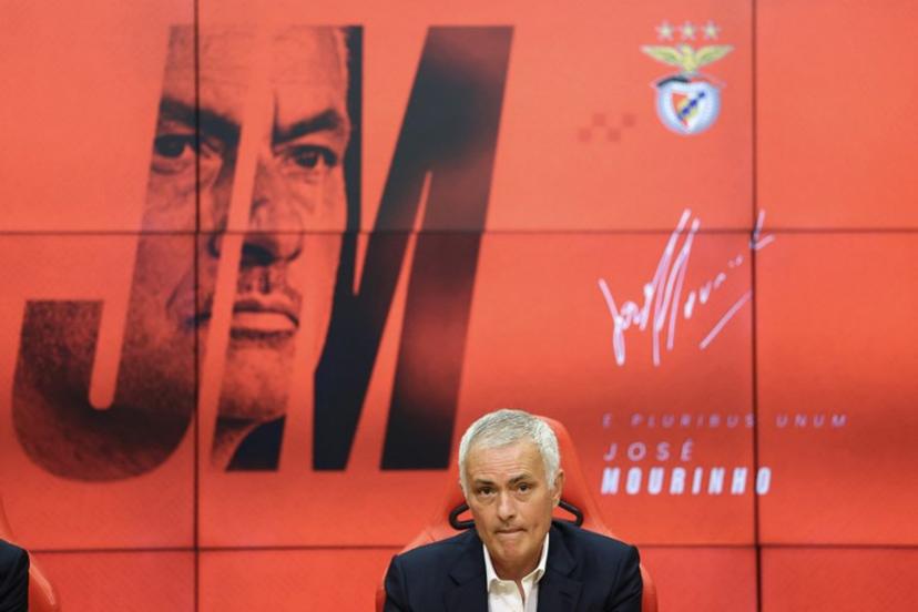 Portuguese coach Jose Mourinho attends a press conference during his official presentation as new Benfica coach at the Benfica Campus training center in Seixal, on the outskirts of Lisbon, on September 18, 2025. Benfica sacked Portuguese coach Bruno Lage following their defeat to Qarabag on September 16, 2025 evening in the Champions League, and contacted Jose Mourinho the next day to hire him. PATRICIA DE MELO MOREIRA / AFP