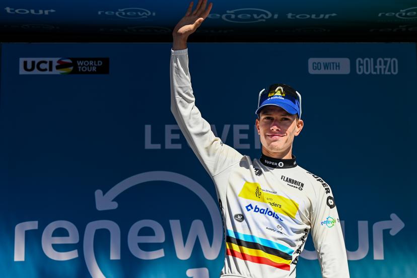Belgian Siebe Deweirdt of Team Flanders Baloise pictured on the podium after the fifth and last stage of the 'Renewi Tour' multi-stage cycling race, 185km from and to Leuven on Sunday 24 August 2025. The five-day race takes place in Belgium and the Netherlands. BELGA PHOTO DAVID PINTENS