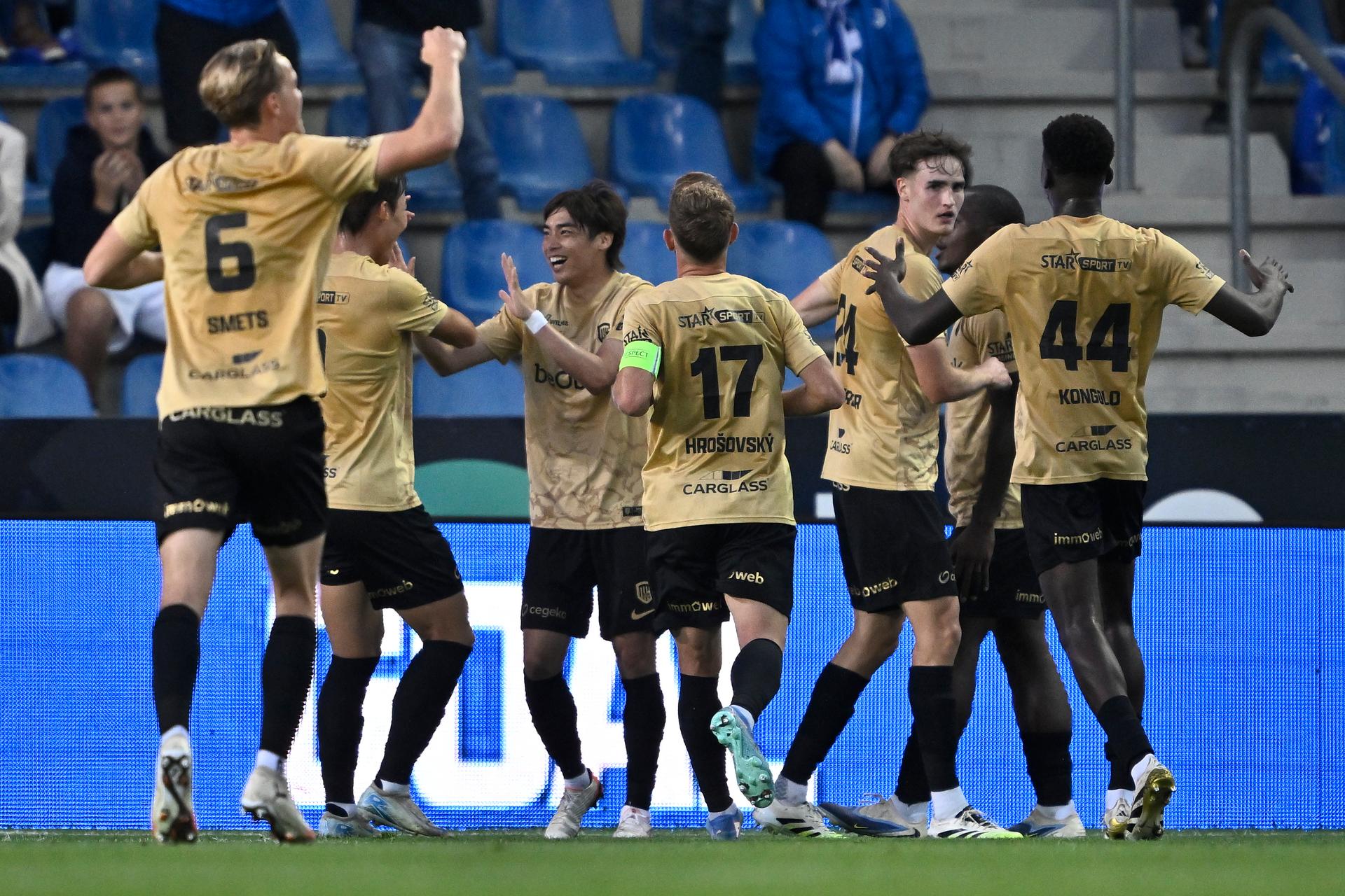 Genk's Junya Ito celebrates after scoring during a soccer match between Belgian soccer team KRC Genk and Polish team KKS Lech Poznan, in Genk on Thursday 28 August 2025, the return leg in the play-offs of the UEFA Europa League competition. Genk won the first leg 1-5. BELGA PHOTO JOHAN EYCKENS