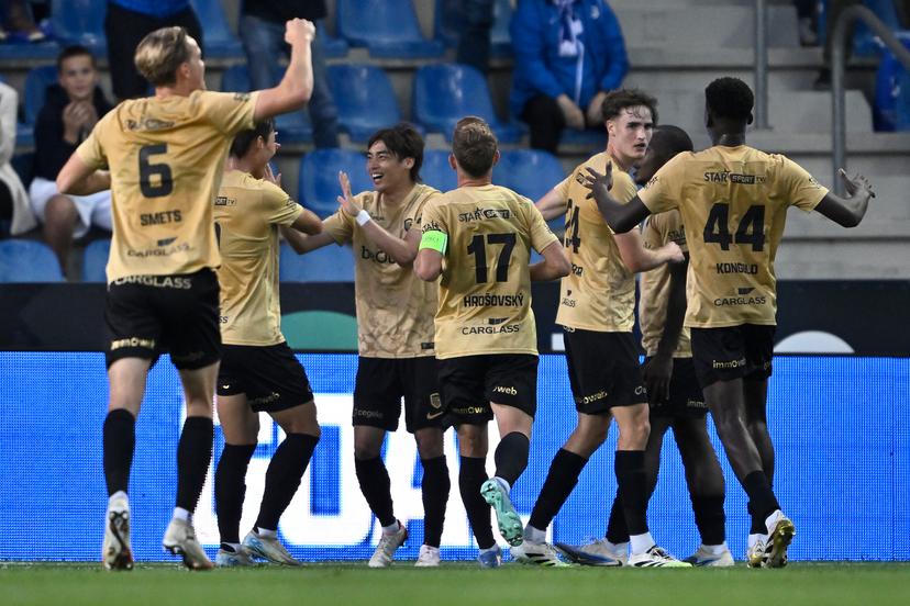 Genk's Junya Ito celebrates after scoring during a soccer match between Belgian soccer team KRC Genk and Polish team KKS Lech Poznan, in Genk on Thursday 28 August 2025, the return leg in the play-offs of the UEFA Europa League competition. Genk won the first leg 1-5. BELGA PHOTO JOHAN EYCKENS