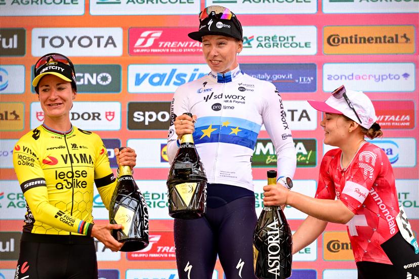 Dutch Marianne Vos of Team Visma-Lease a Bike, Dutch Lorena Wiebes of SD Worx-Protime and Swiss Noemi Ruegg of EF Education-Oatly pictured on the podium after the 'Milano-Sanremo Donne' one day cycling race for women, 156km from Milan to Sanremo, Italy, Saturday 22 March 2025. BELGA PHOTO DIRK WAEM