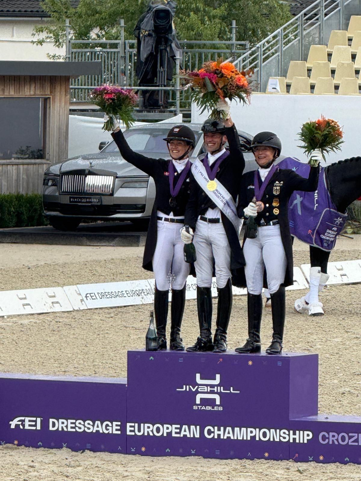 ATTENTION EDITORS - HAND OUT PICTURES - EDITORIAL USE ONLY - MANDATORY CREDIT 'WENDY LAEREMANS'  This handout picture, distributed by Wendy Laeremans, shows Justin Verboomen, who won a Gold medal with Zonik Plus in the Grand Prix Special at the European Championship in Crozet, on Friday 29 August 2025. Verboomen and Zonik won with a score of 82.371% ahead of Denmark's Cathrine Laudrup-Dufour and Isabell Werth. BELGA PHOTO WENDY LAEREMANS  *** Belga and Belga Editorial Board decline all responsibility regarding the content of this picture. ***