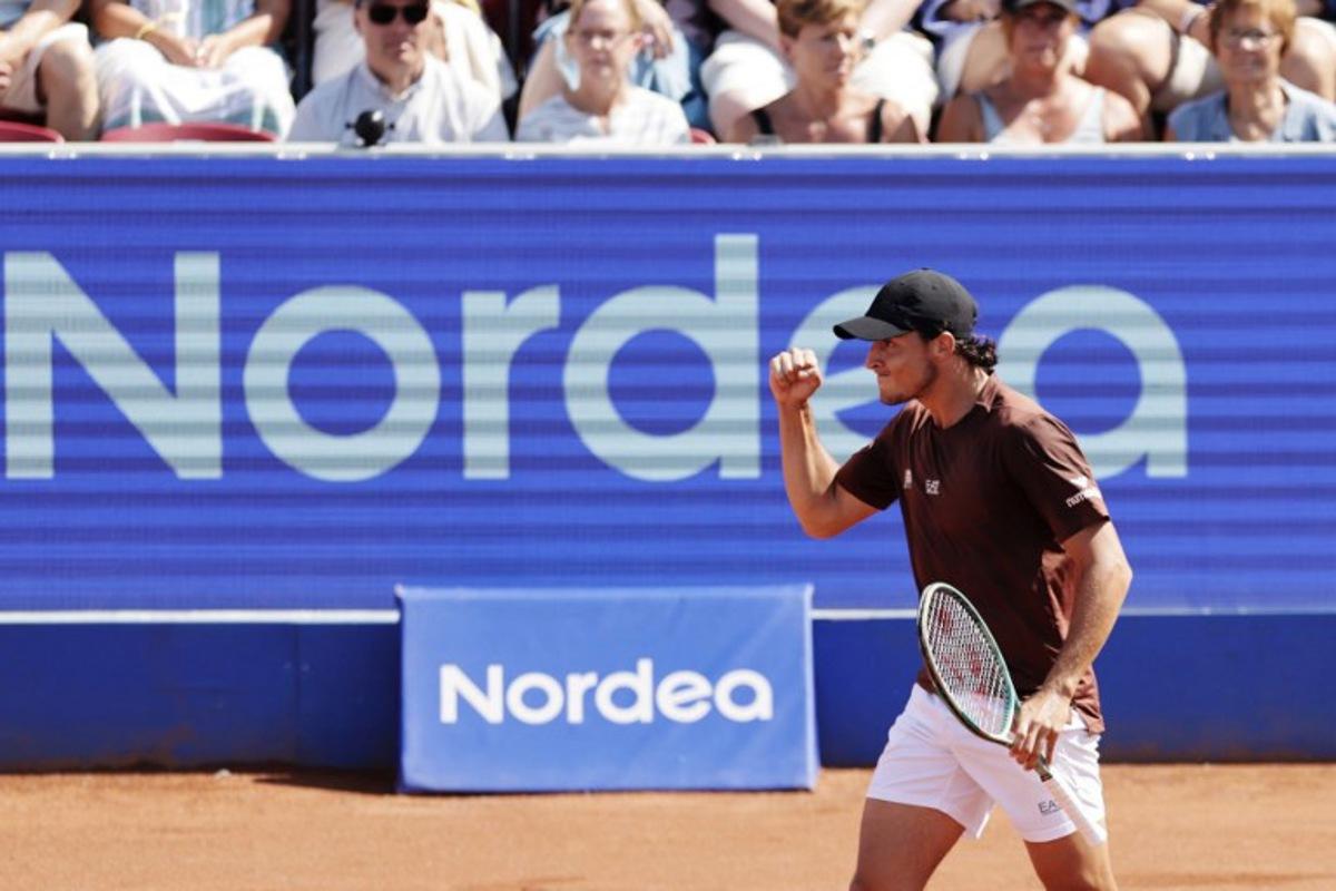 Italy's Luciano Darderi reacts as he plays against Netherlands' Jesper de Jong (not pictured) during the men's singles final match of the ATP Nordea Open tennis tournament in Bastad, Sweden, on July 20, 2025.  Bjorn LARSSON ROSVALL / TT News Agency / AFP