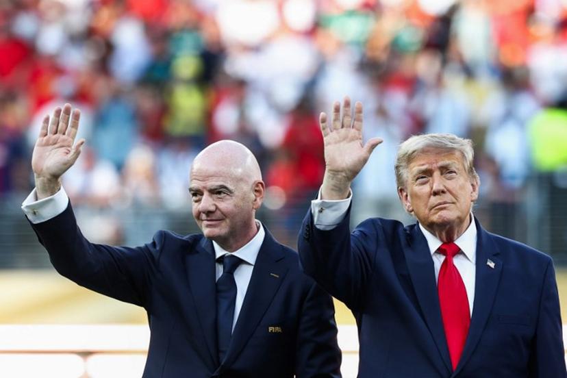 US President Donald Trump (R) and FIFA President Gianni Infantino (L) wave during the award ceremony of the 2026 World Cup football tournament final match between Spain and Argentina at the New York/New Jersey Stadium in East Rutherford on July 19, 2026.   FRANCK FIFE / AFP