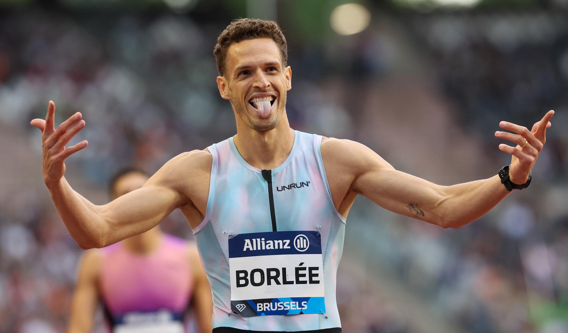 Belgian Dylan Borlee celebrates during the 49th edition of the Memorial Van Damme Diamond League athletics event in Brussels, Friday 22 August 2025. BELGA PHOTO VIRGINIE LEFOUR