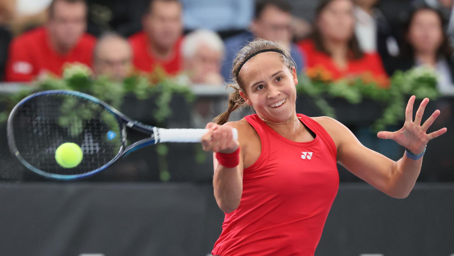 Belgian Hanne Vandewinkel pictured in action during the second game between Belgian Vandewinkel and Turkish Sonmez in the Billie Jean King Cup Play-offs, between Belgium and Turkey, on Saturday 15 November 2025 in Ismaning, Germany. PHOTO BENOIT DOPPAGNE