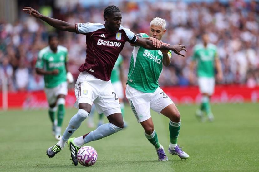 Aston Villa's Belgian defender #24 Amadou Onana (L) vies with Newcastle United's Brazilian midfielder #39 Bruno Guimaraes (R) during the English Premier League football match between Aston Villa and Newcastle United at Villa Park in Birmingham, central England on August 16, 2025.  Adrian Dennis / AFP