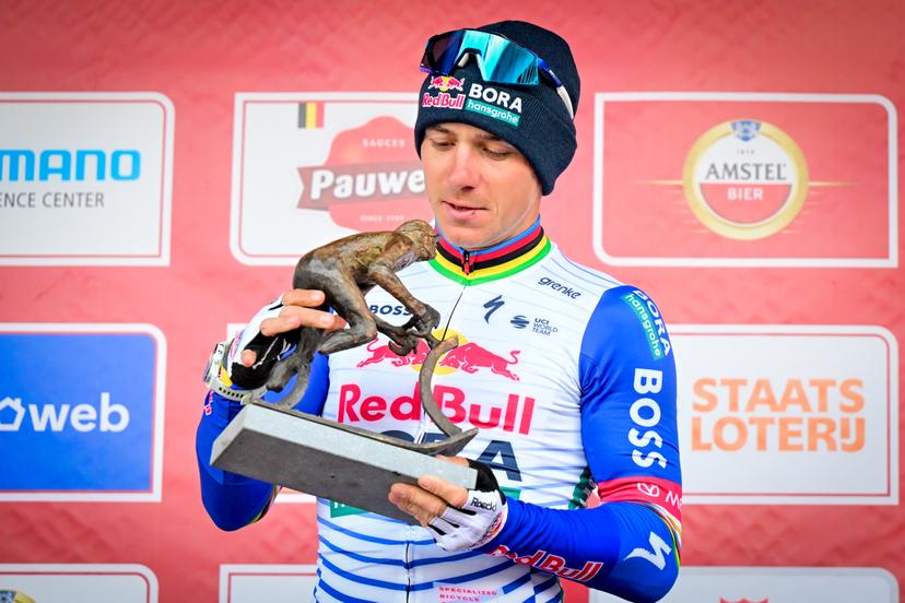 Belgian Remco Evenepoel of Red Bull-BORA-hansgrohe celebrates on the podium after winning the men elite 'Amstel Gold Race' one day cycling race, 257,4 km from Maastricht to Valkenburg, The Netherlands, Sunday 19 April 2026. BELGA PHOTO DIRK WAEM