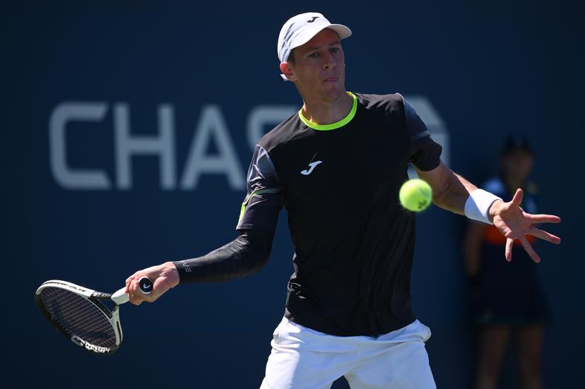 Belgian Kimmer Coppejans pictured in action during a tennis game against Peruvian Buse in the third round of the qualifications for the men's singles of the 2025 US Open Grand Slam tennis tournament in New York City, USA, Friday 22 August 2025. BELGA PHOTO TONY BEHAR