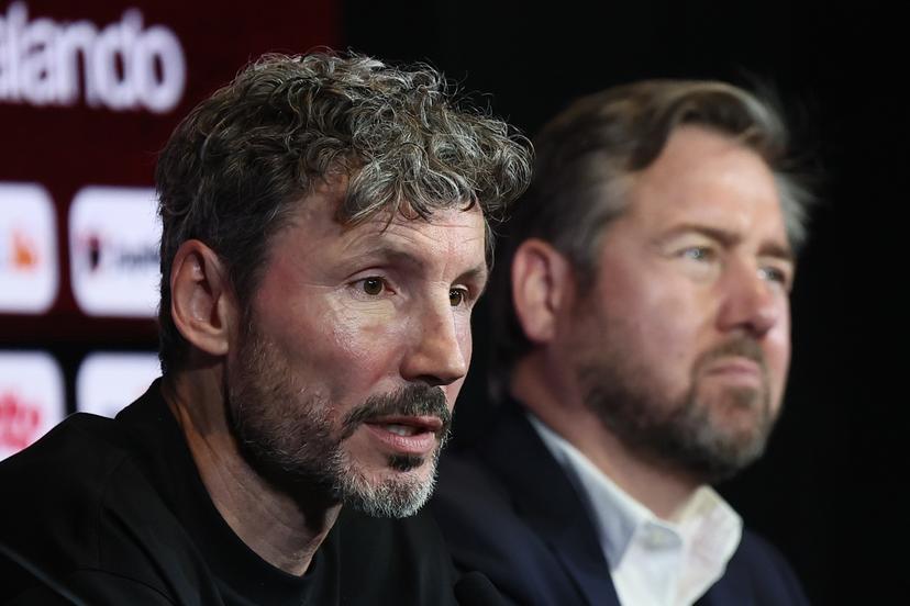 Belgium's head coach Mark van Bommel and Club Brugge's Vincent Mannaert are pictured during a press conference of Belgian national soccer team Red Devils to present their new head coach , on Friday 7 August 2026, at the RBFA headquarters in Tubize. BELGA PHOTO BRUNO FAHY