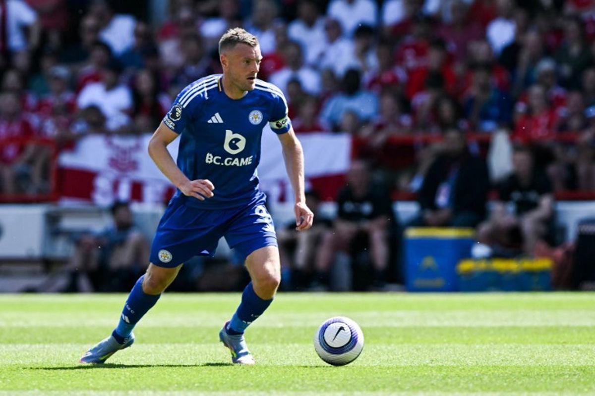 Leicester City's English striker #09 Jamie Vardy controls the ball during the English Premier League football match between Nottingham Forest and Leicester City at The City Ground in Nottingham, central England, on May 11, 2025.  JUSTIN TALLIS / AFP