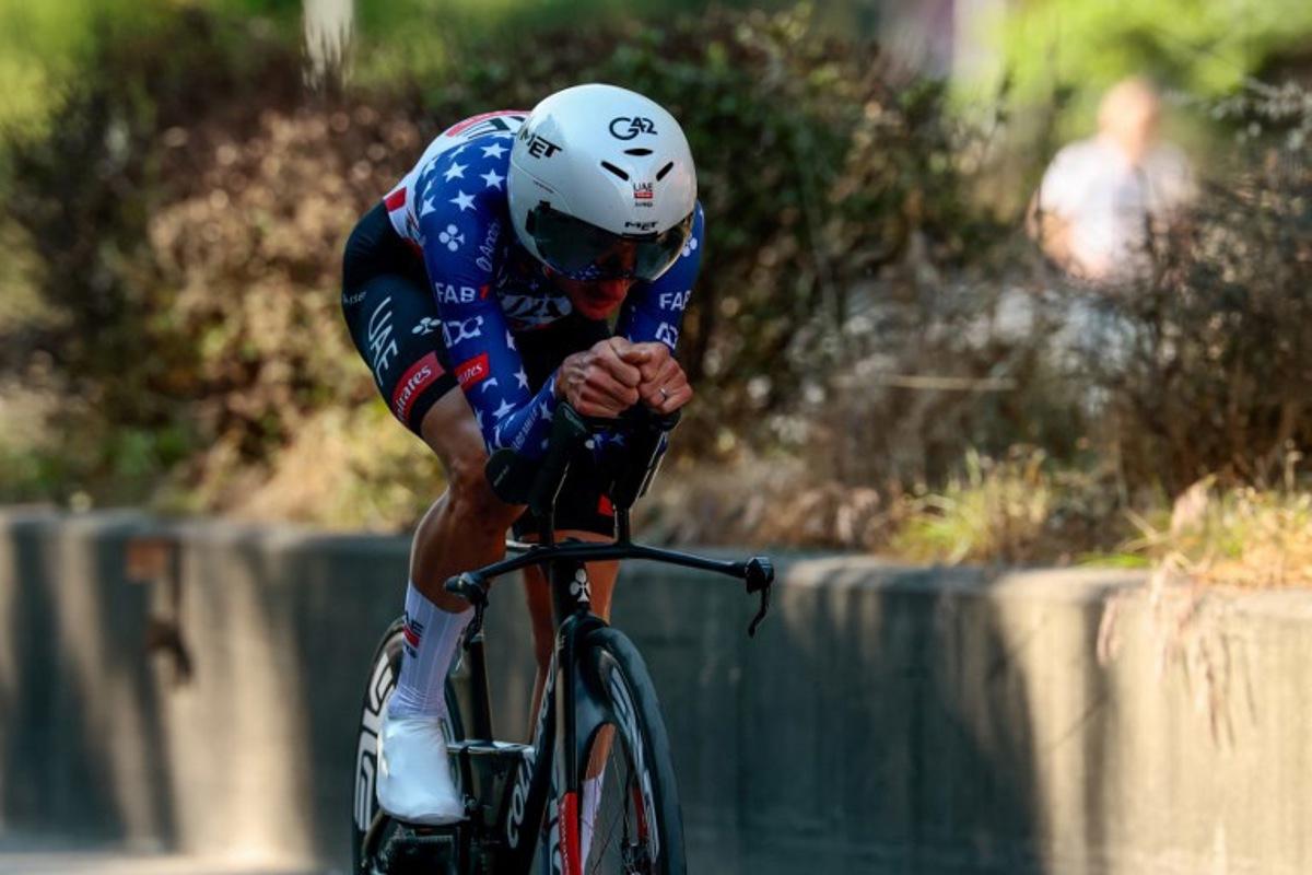 UAE Team Emirates XRG's US rider Brandon McNulty competes during the second stage of the 108th Giro d'Italia cycling race, a 13.7km individual time-trial from Tirana to Tirana in Albania, on May 10, 2025.  Luca Bettini / AFP