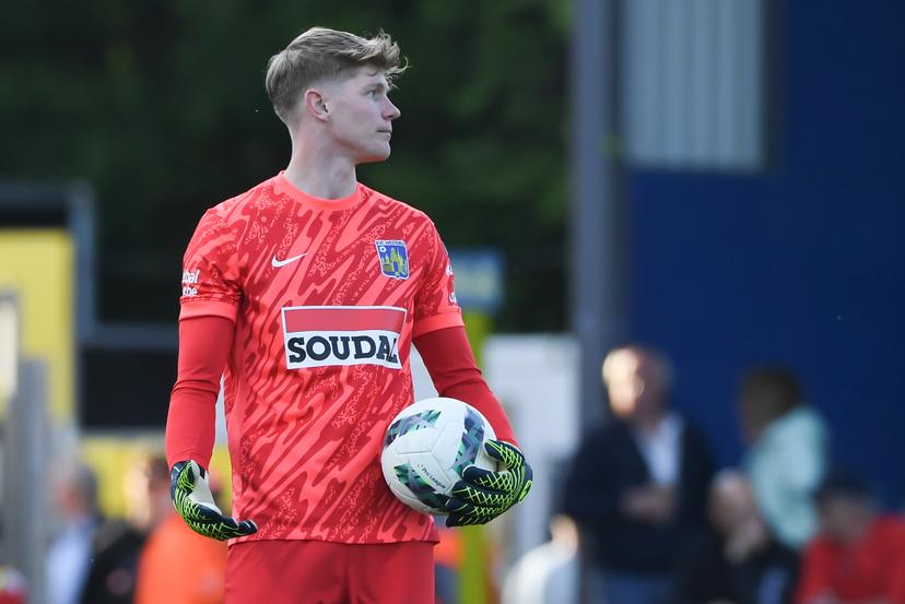 Westerlo's goalkeeper Andreas Jungdal pictured during a soccer match between KVC Westerlo and KV Mechelen, Saturday 26 April 2025 in Mechelen, on day 6 (out of 10) of the Europe Play-offs of the 2024-2025 'Jupiler Pro League' first division of the Belgian championship. BELGA PHOTO JILL DELSAUX