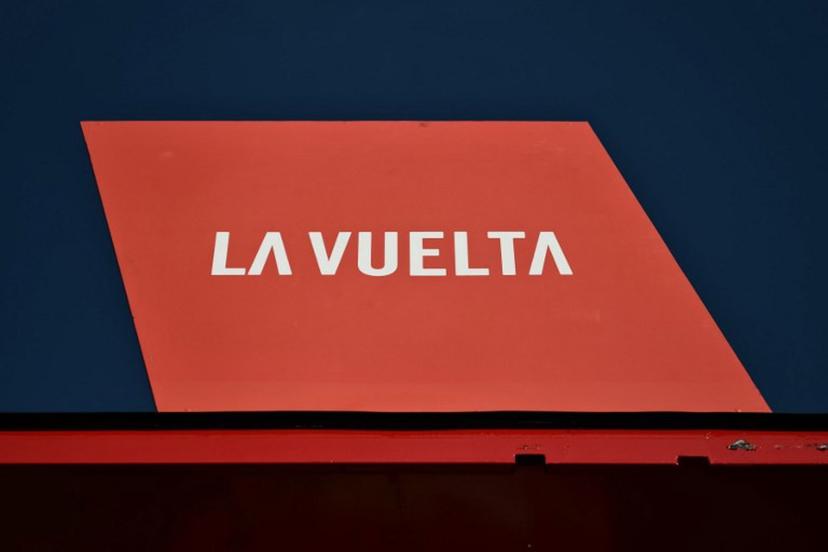 The logo of 'La Vuelta' cycling tour of Spain is pictured during the official teams presentation in Torino, Italy on August 21, 2025.  Marco BERTORELLO / AFP