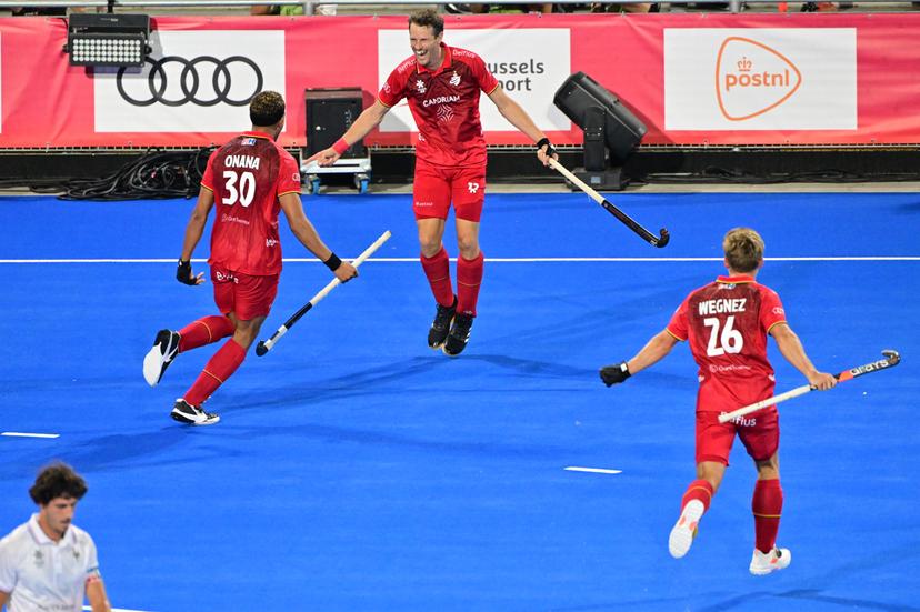 Belgium's Nicolas de Kerpel (C) celebrates after scoring at a hockey game between Belgium's Red Lions and France, the first (out of three) matches during the group stage of the men's 2026 Hockey World Cup, Saturday 15 August 2026 in Wavre. The 2026 edition of the Hockey World Cup takes place in Belgium and The Netherlands from August 15 to August 30. BELGA PHOTO DIRK WAEM